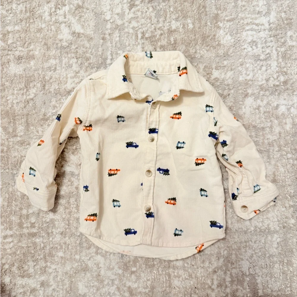 Old Navy Kids Beige Cotton Button Down Corduroy Shirt with  Car Pattern -6-12M